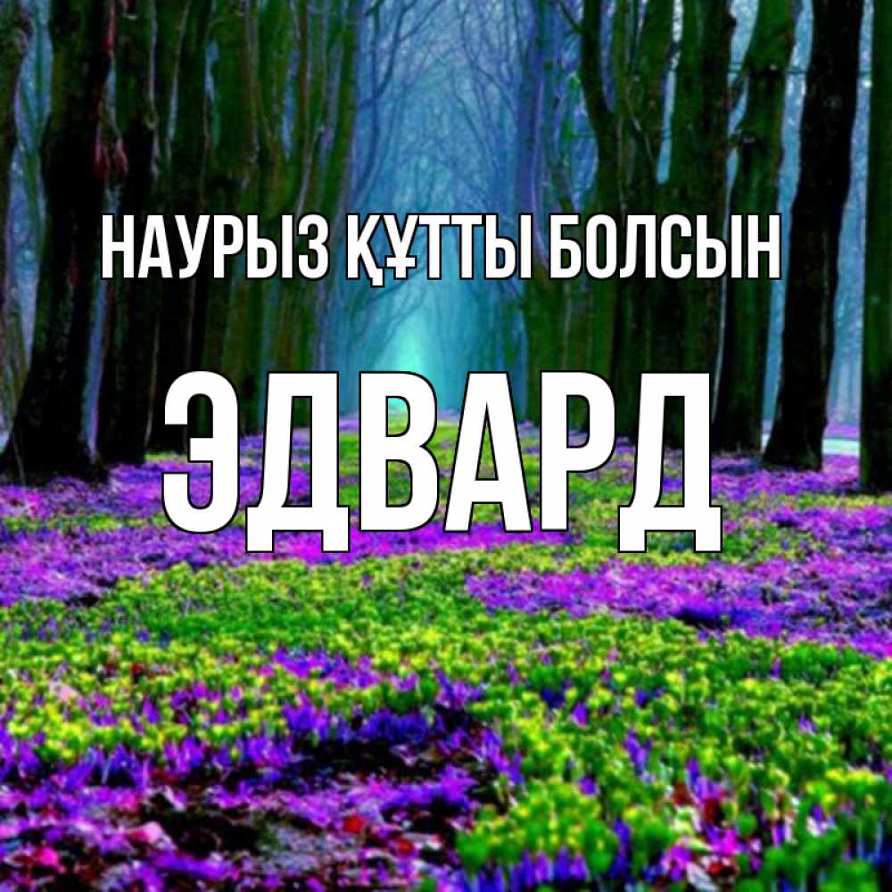 Открытка на каждый день с именем, Эдвард Наурыз құтты болсын фиолетовые цветы в лесу 1 Прикольная открытка с пожеланием онлайн скачать бесплатно 