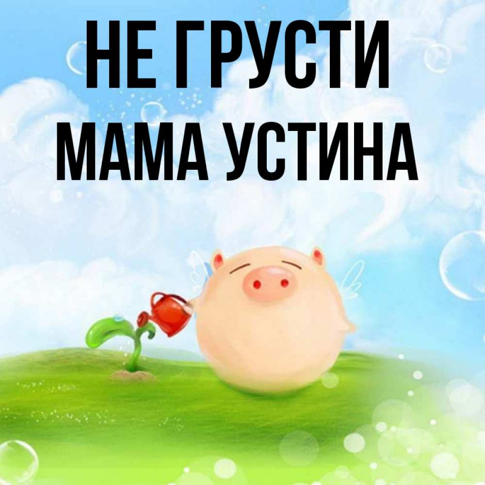 Открытка на каждый день с именем, Мама-Устина Не грусти поливает цветок порося Прикольная открытка с пожеланием онлайн скачать бесплатно 