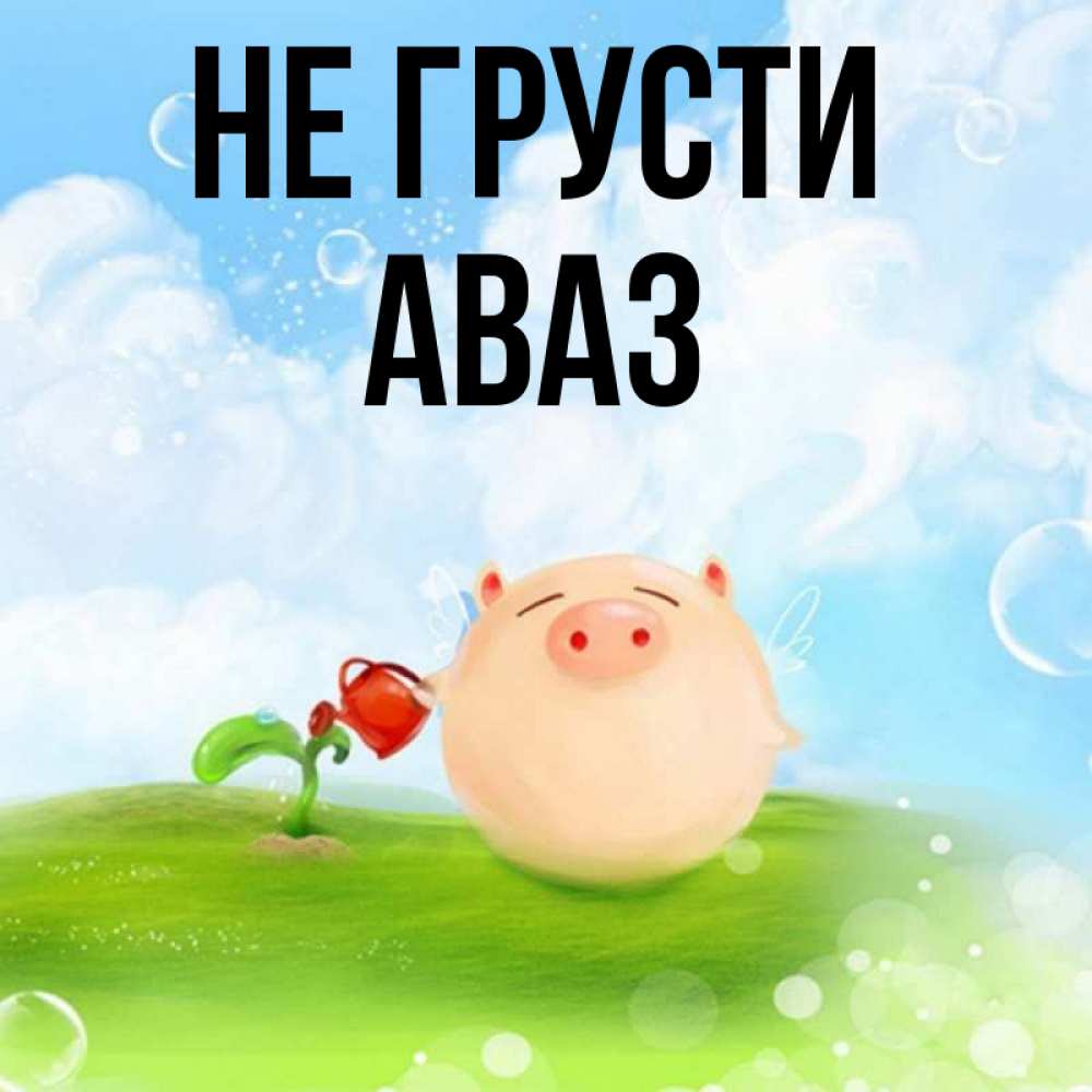 Открытка на каждый день с именем, Аваз Не грусти поливает цветок порося Прикольная открытка с пожеланием онлайн скачать бесплатно 