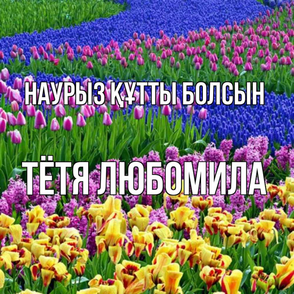 Открытка на каждый день с именем, Тётя-Любомила Наурыз құтты болсын цветы Прикольная открытка с пожеланием онлайн скачать бесплатно 