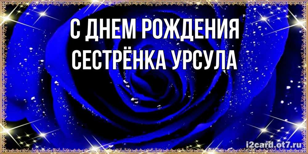 Открытка на каждый день с именем, Сестрёнка-Урсула С днем рождения голубые цветы в росе Прикольная открытка с пожеланием онлайн скачать бесплатно 