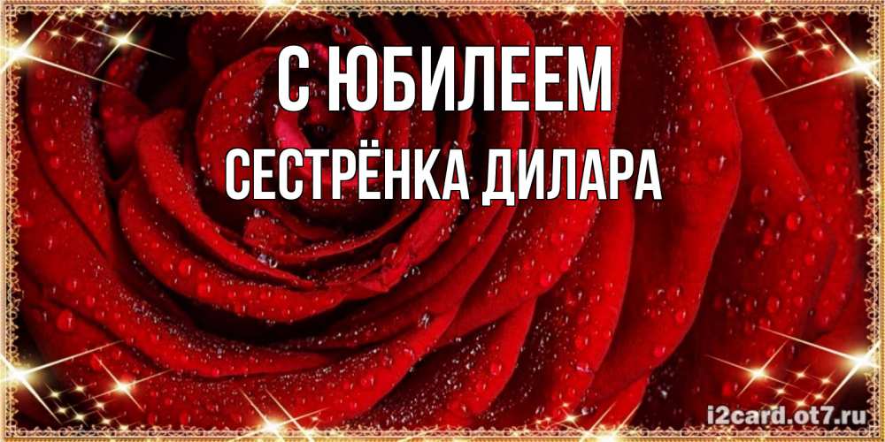 Открытка на каждый день с именем, Сестрёнка-Дилара С юбилеем роса на розе блестящая в лучах солнца Прикольная открытка с пожеланием онлайн скачать бесплатно 
