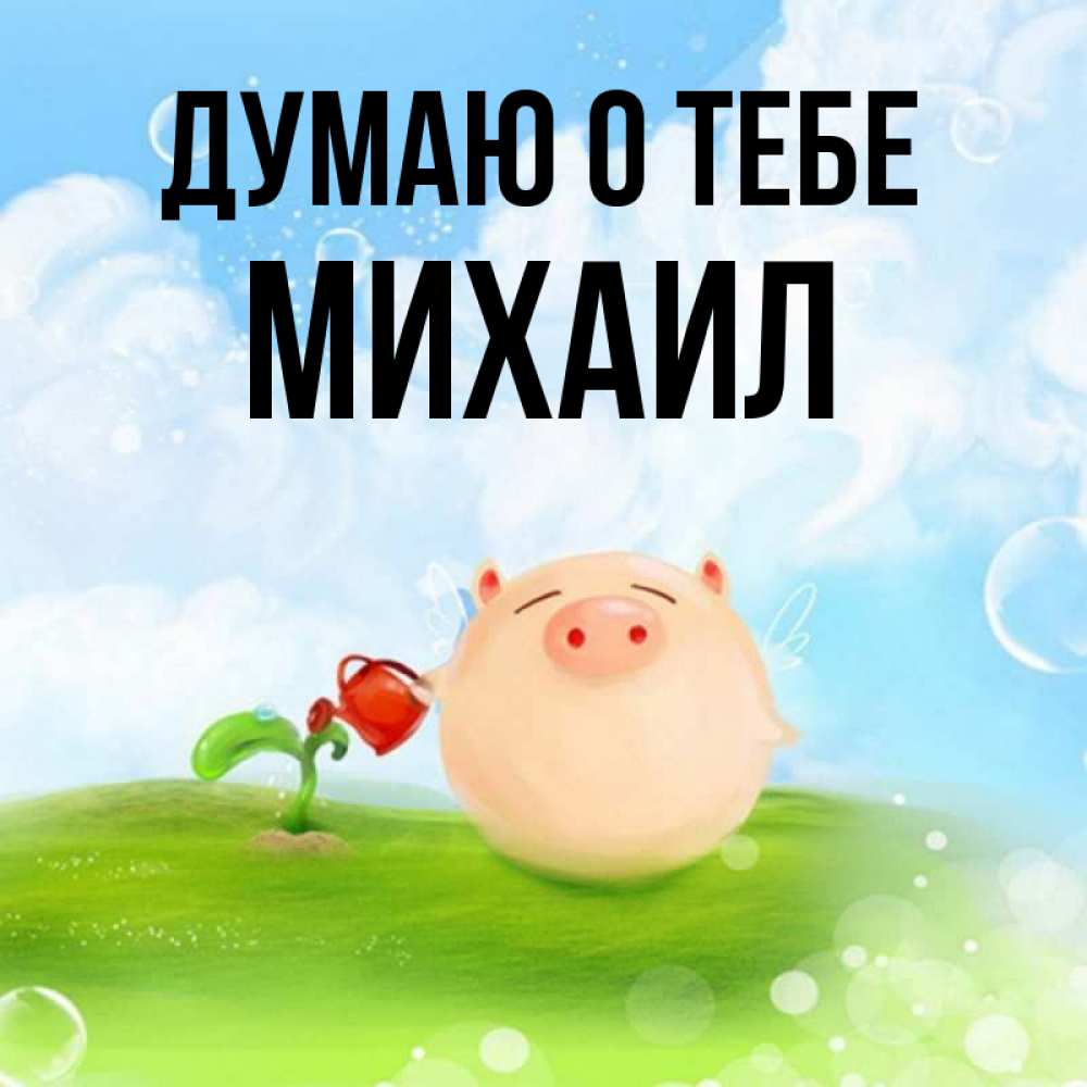 Открытка на каждый день с именем, Михаил Думаю о тебе позитивная свинюшка Прикольная открытка с пожеланием онлайн скачать бесплатно 