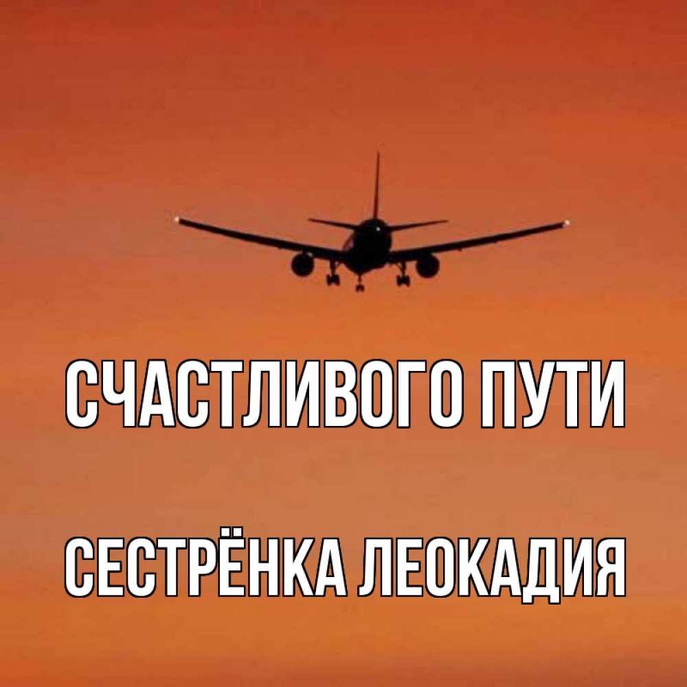 Открытка на каждый день с именем, Сестрёнка-Леокадия Счастливого пути силуэт самолета Прикольная открытка с пожеланием онлайн скачать бесплатно 