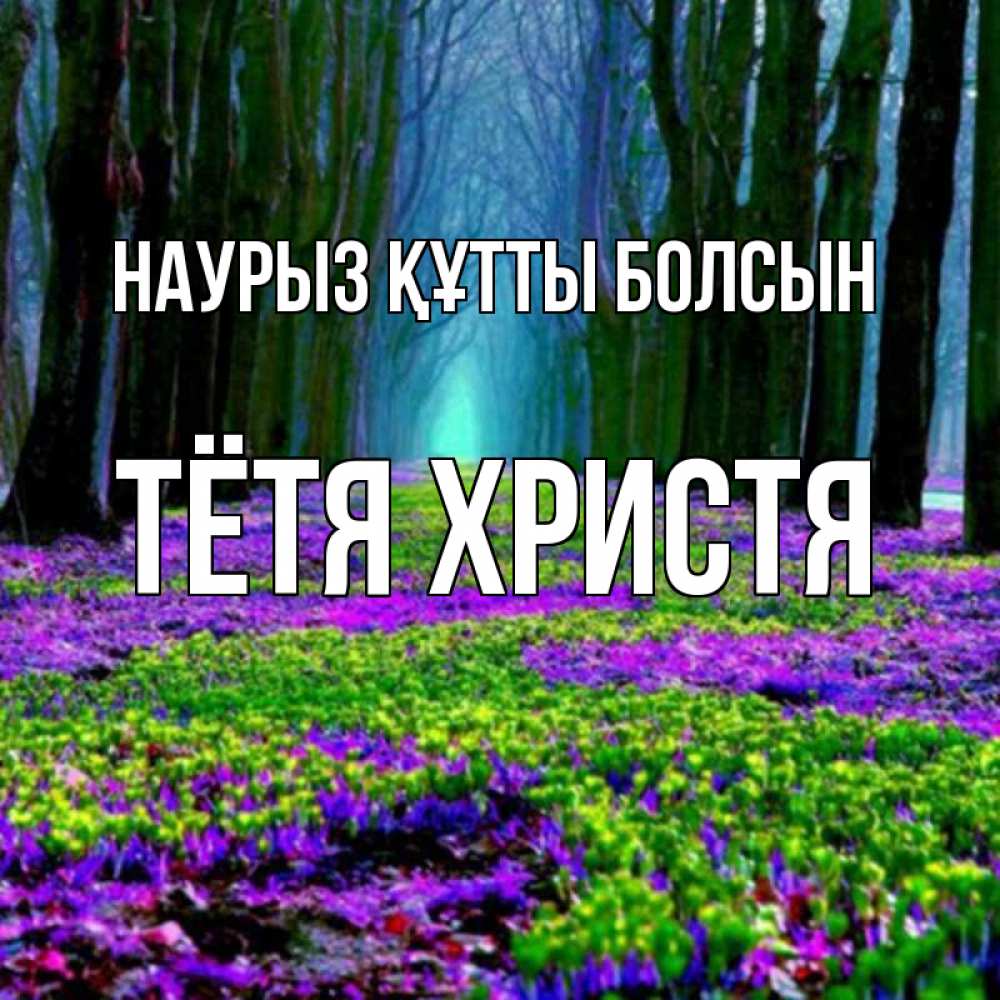 Открытка на каждый день с именем, Тётя-Христя Наурыз құтты болсын фиолетовые цветы в лесу 1 Прикольная открытка с пожеланием онлайн скачать бесплатно 