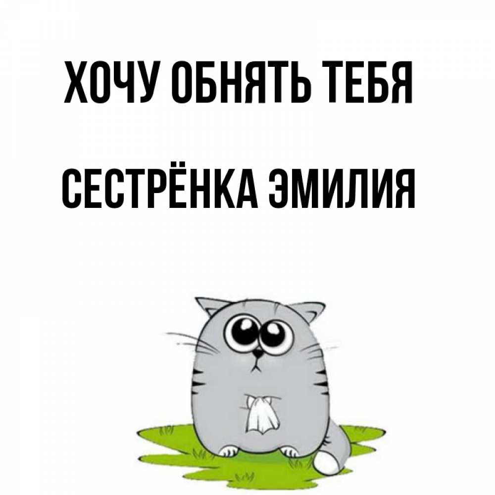Открытка на каждый день с именем, Сестрёнка-Эмилия Хочу обнять тебя котик теребит платочек сидя на травке Прикольная открытка с пожеланием онлайн скачать бесплатно 