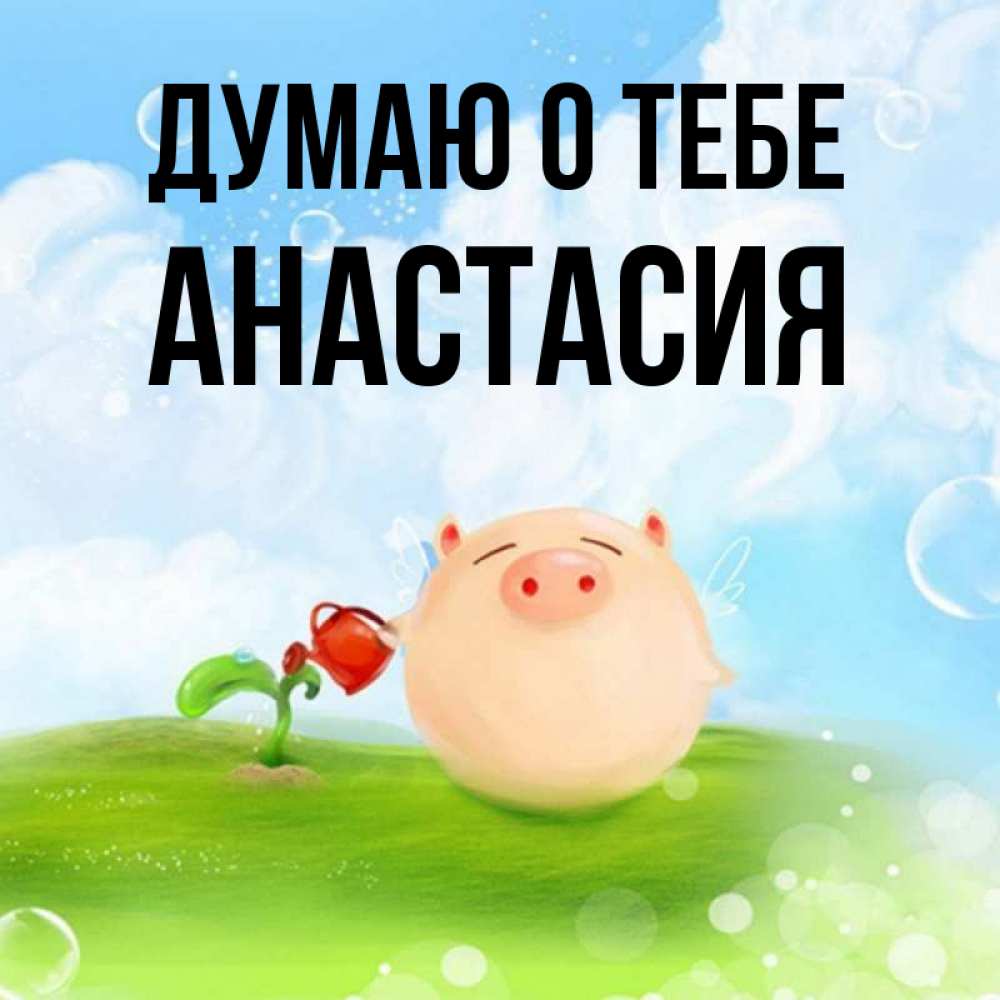 Открытка на каждый день с именем, Анастасия Думаю о тебе позитивная свинюшка Прикольная открытка с пожеланием онлайн скачать бесплатно 