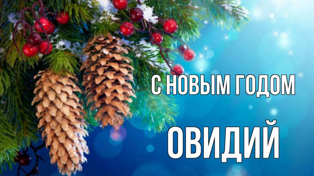 Открытка на каждый день с именем, Овидий С новым годом Новый год, ель, шишки Прикольная открытка с пожеланием онлайн скачать бесплатно 