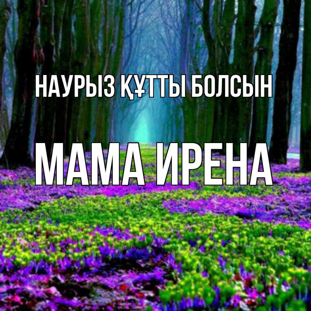 Открытка на каждый день с именем, Мама-Ирена Наурыз құтты болсын фиолетовые цветы в лесу 1 Прикольная открытка с пожеланием онлайн скачать бесплатно 