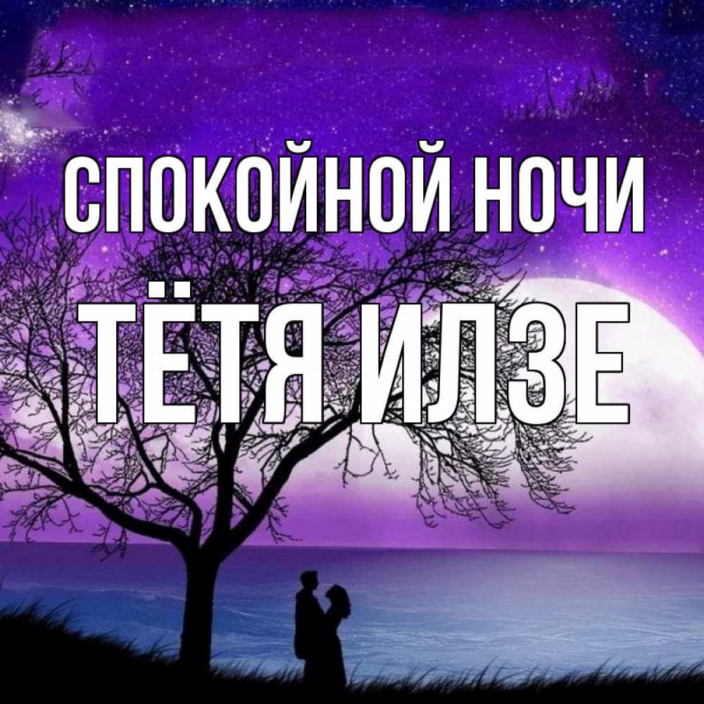 Открытка на каждый день с именем, Тётя-Илзе Спокойной ночи огромная луна и парочка Прикольная открытка с пожеланием онлайн скачать бесплатно 