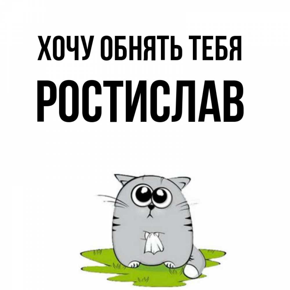 Открытка на каждый день с именем, Ростислав Хочу обнять тебя котик теребит платочек сидя на травке Прикольная открытка с пожеланием онлайн скачать бесплатно 