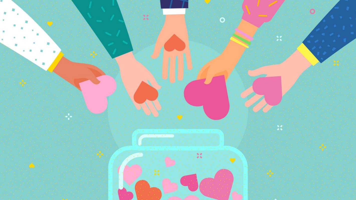 Открытка люди собирают сердца в банку  С днем волонтера  С днем волонтера 