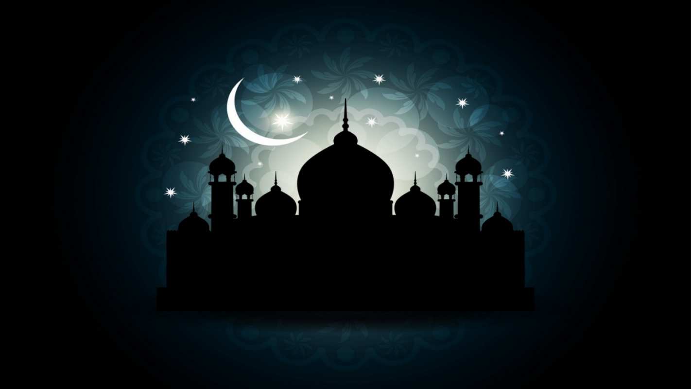 Открытка мечеть и месяц со звездным небом  мечеть  С курбан айтом 
