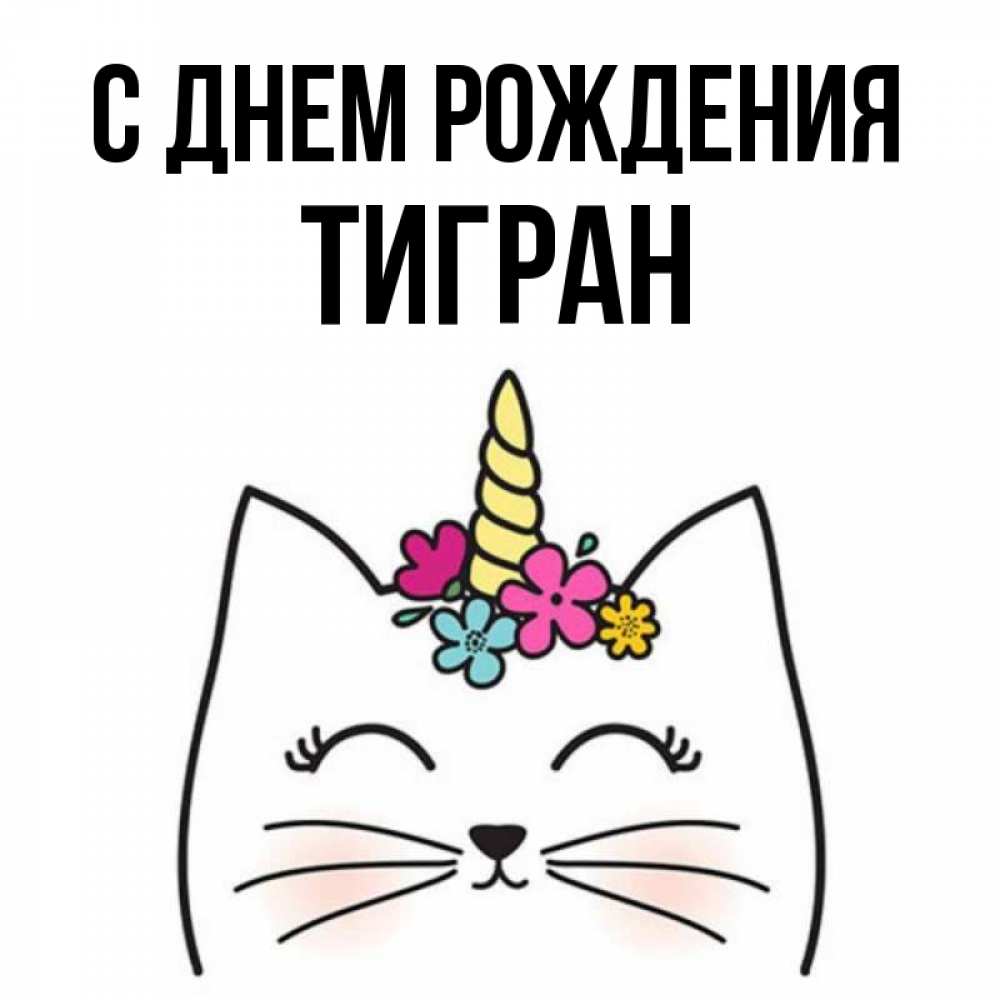 Открытка на каждый день с именем, Тигран С днем рождения милый кот с одним рожком Прикольная открытка с пожеланием онлайн скачать бесплатно 