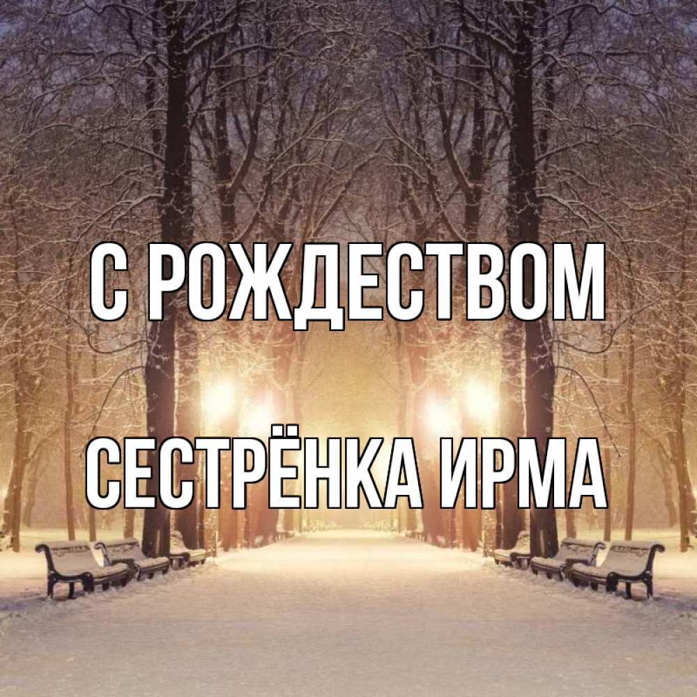 Открытка на каждый день с именем, Сестрёнка-Ирма С рождеством зима, парк, фонарь, лес Прикольная открытка с пожеланием онлайн скачать бесплатно 