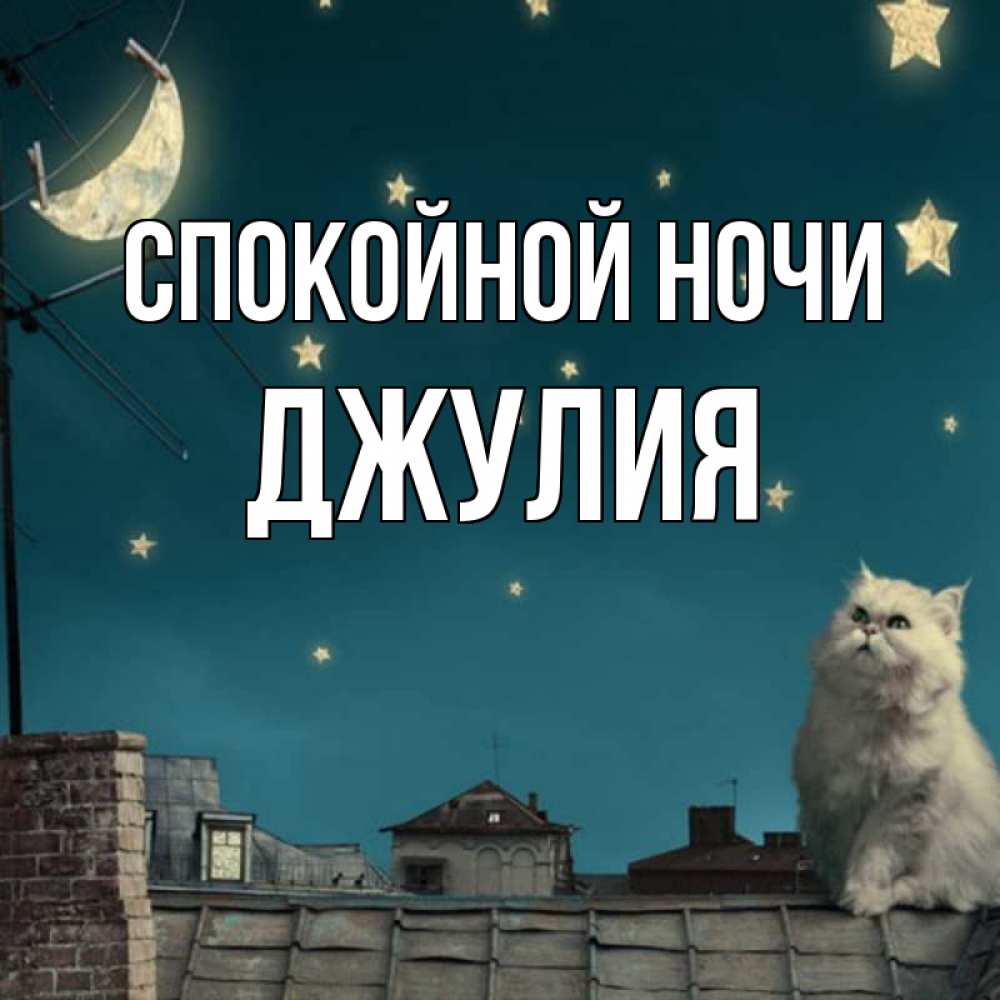 Открытка на каждый день с именем, Джулия Спокойной ночи белый кот сидит на крыше Прикольная открытка с пожеланием онлайн скачать бесплатно 