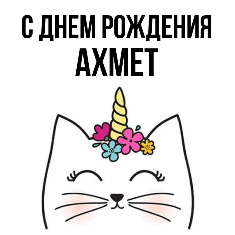Открытка на каждый день с именем, Ахмет С днем рождения милый кот с одним рожком Прикольная открытка с пожеланием онлайн скачать бесплатно 
