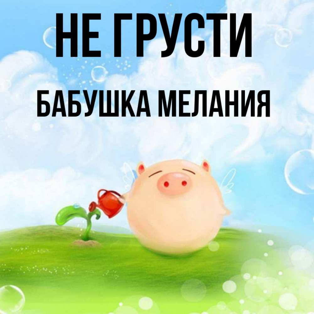 Открытка на каждый день с именем, Бабушка-Мелания Не грусти поливает цветок порося Прикольная открытка с пожеланием онлайн скачать бесплатно 