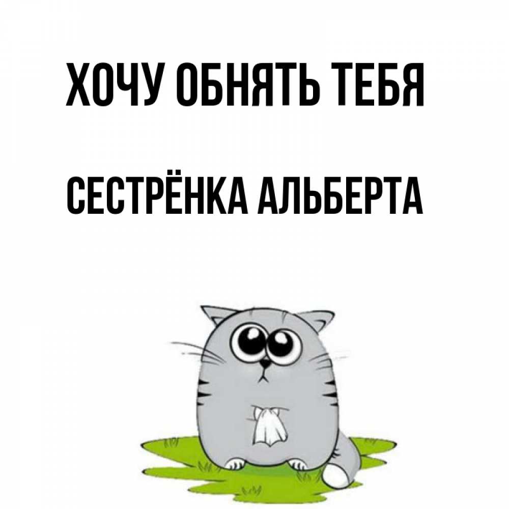 Открытка на каждый день с именем, Сестрёнка-Альберта Хочу обнять тебя котик теребит платочек сидя на травке Прикольная открытка с пожеланием онлайн скачать бесплатно 