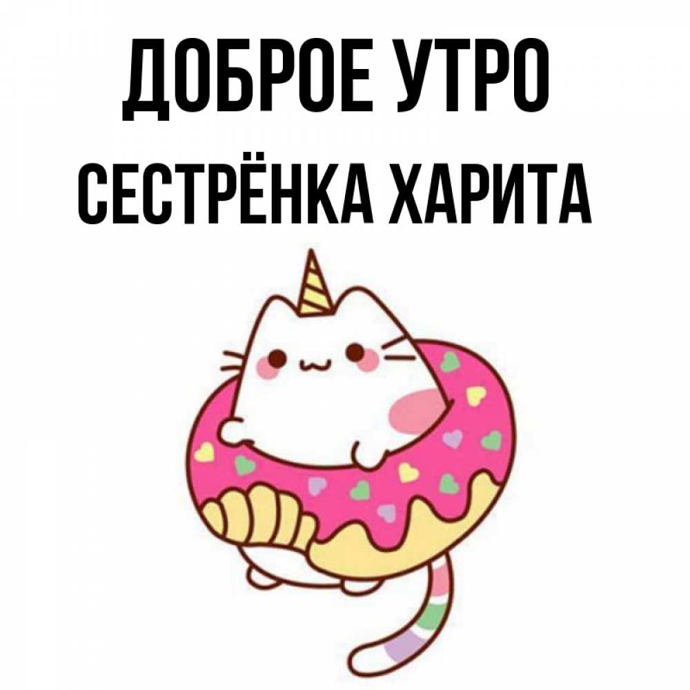 Открытка на каждый день с именем, Сестрёнка-Харита Доброе утро кот в бублике Прикольная открытка с пожеланием онлайн скачать бесплатно 