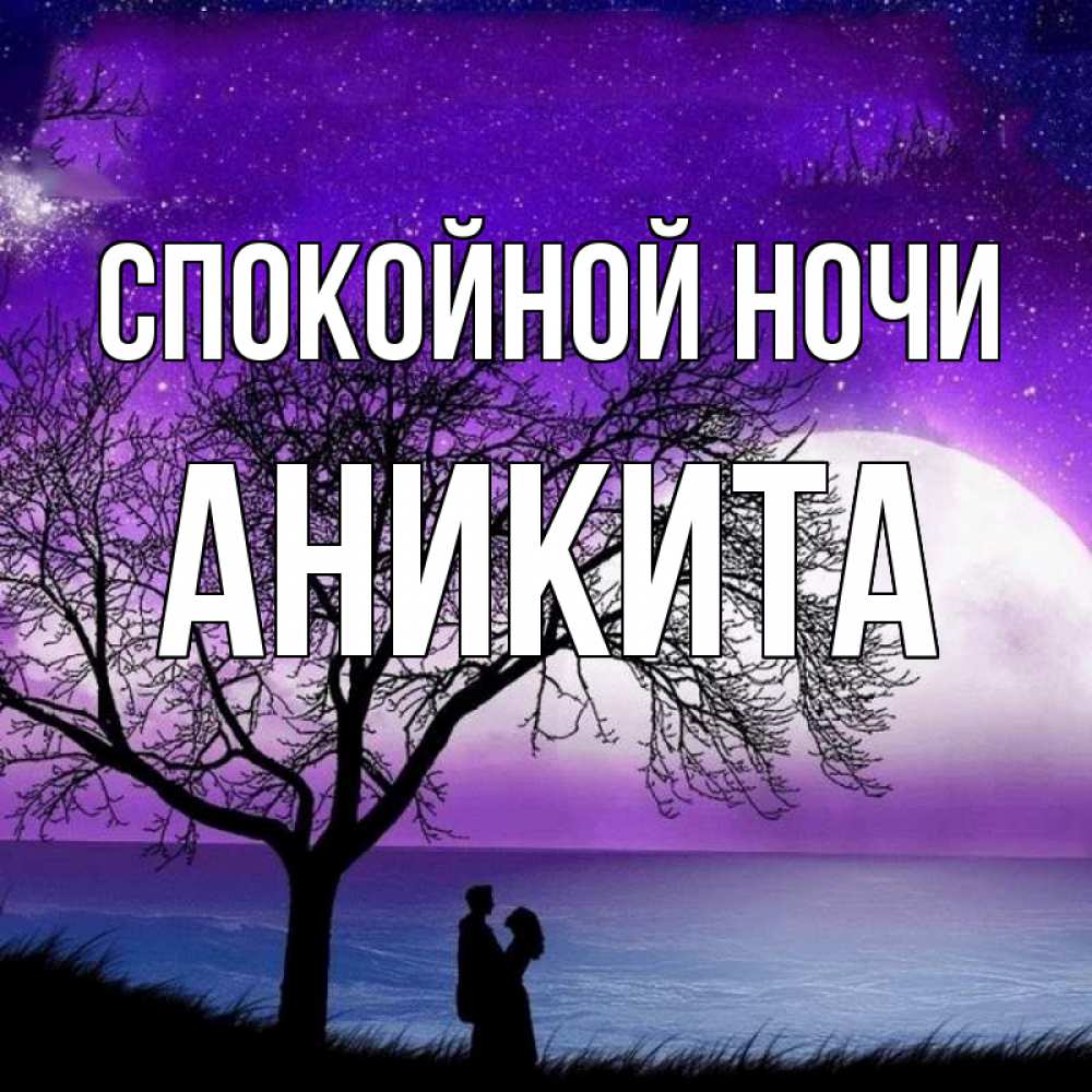 Открытка на каждый день с именем, Аникита Спокойной ночи огромная луна и парочка Прикольная открытка с пожеланием онлайн скачать бесплатно 