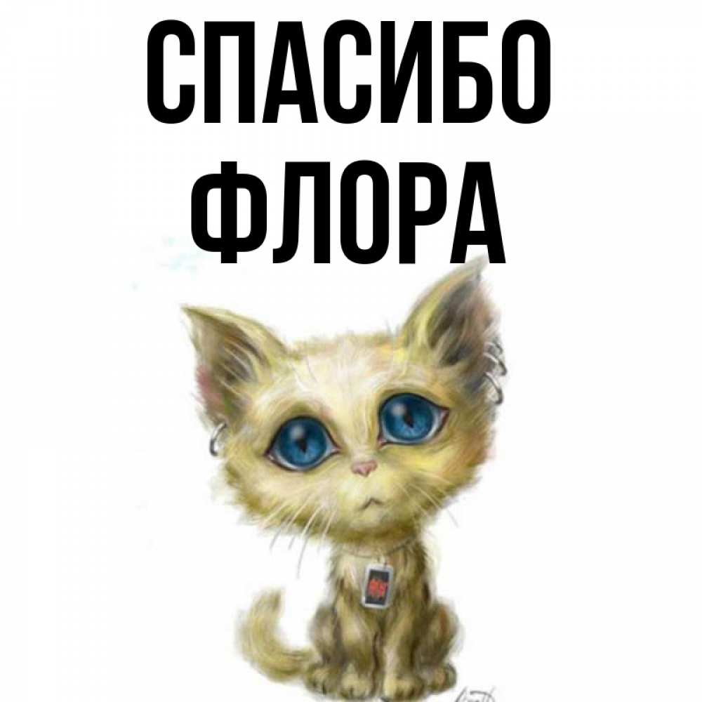 Открытка на каждый день с именем, Флора Спасибо рисованный кот благодарит вас Прикольная открытка с пожеланием онлайн скачать бесплатно 