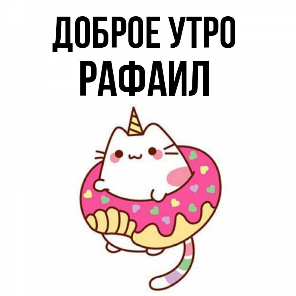 Открытка на каждый день с именем, Рафаил Доброе утро кот в бублике Прикольная открытка с пожеланием онлайн скачать бесплатно 