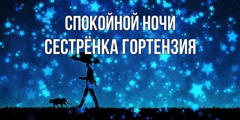 Открытка на каждый день с именем, Сестрёнка-Гортензия Спокойной ночи ночные прогулки с котом под звездами Прикольная открытка с пожеланием онлайн скачать бесплатно 