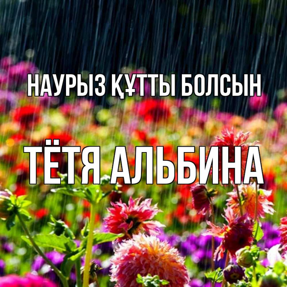 Открытка на каждый день с именем, Тётя-Альбина Наурыз құтты болсын цветы под дождиком к наурызу Прикольная открытка с пожеланием онлайн скачать бесплатно 