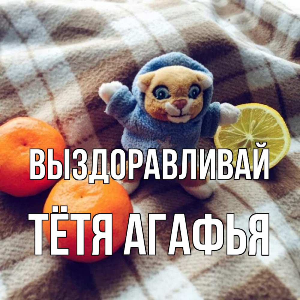 Открытка на каждый день с именем, Тётя-Агафья Выздоравливай вот тебе апельсинка и лимон Прикольная открытка с пожеланием онлайн скачать бесплатно 