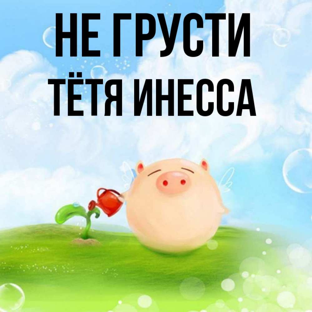 Открытка на каждый день с именем, Тётя-Инесса Не грусти поливает цветок порося Прикольная открытка с пожеланием онлайн скачать бесплатно 