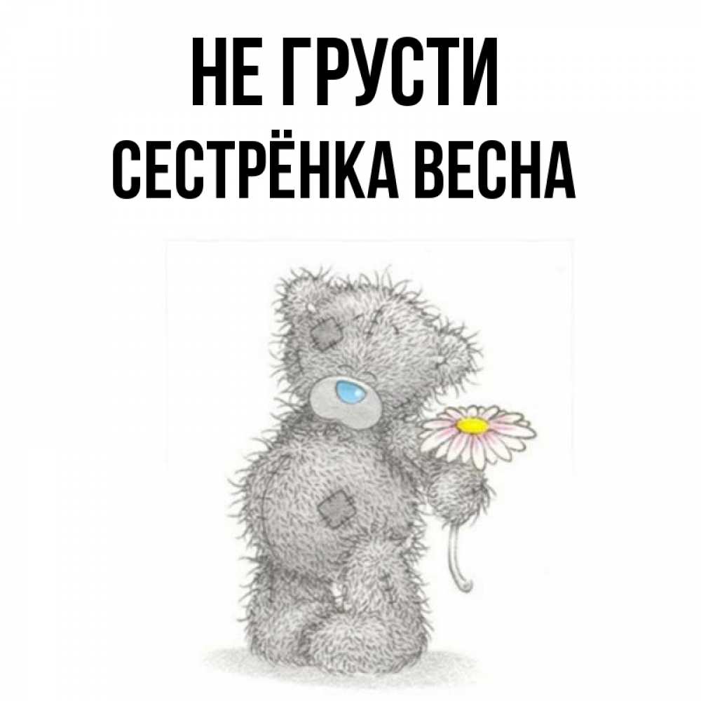 Открытка на каждый день с именем, Сестрёнка-Весна Не грусти Плюшевый медвежонок с заплатками Прикольная открытка с пожеланием онлайн скачать бесплатно 