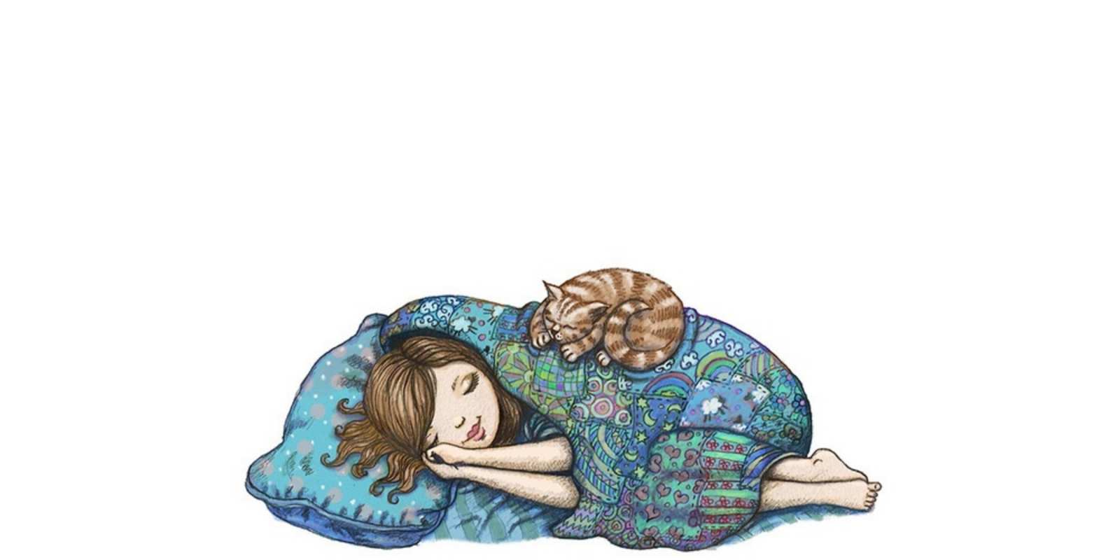 Открытка девочка спит с котом пожелания сладких снов для подруги Спокойной ночи 