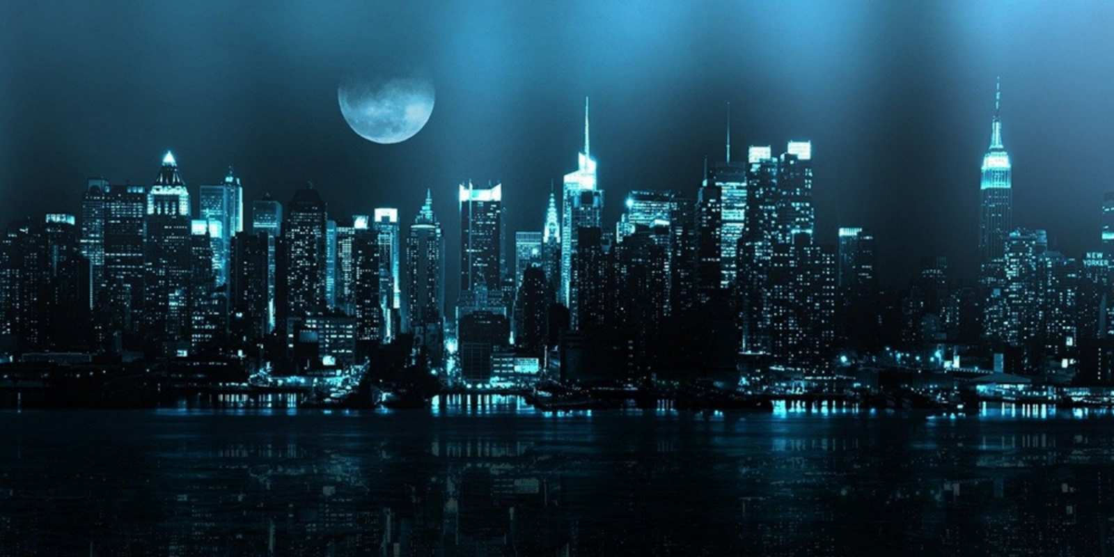 Открытка ночной город и луна городской пейзаж Спокойной ночи 