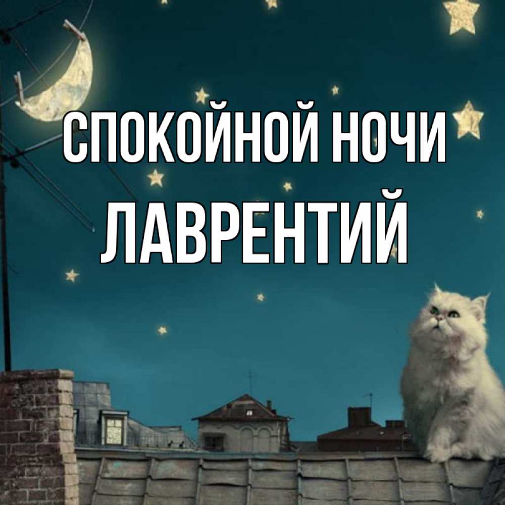 Открытка на каждый день с именем, Лаврентий Спокойной ночи белый кот сидит на крыше Прикольная открытка с пожеланием онлайн скачать бесплатно 