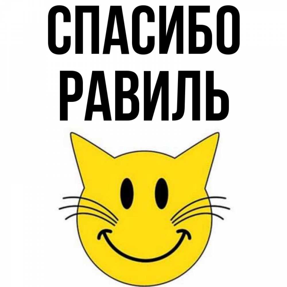 Открытка на каждый день с именем, Равиль Спасибо улыбающийся смайл кот Прикольная открытка с пожеланием онлайн скачать бесплатно 