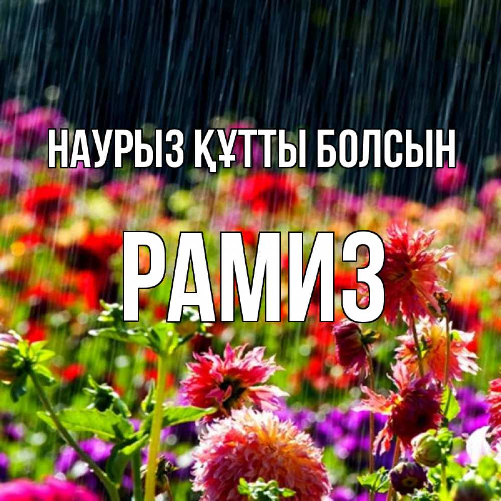 Открытка на каждый день с именем, Рамиз Наурыз құтты болсын цветы под дождиком к наурызу Прикольная открытка с пожеланием онлайн скачать бесплатно 
