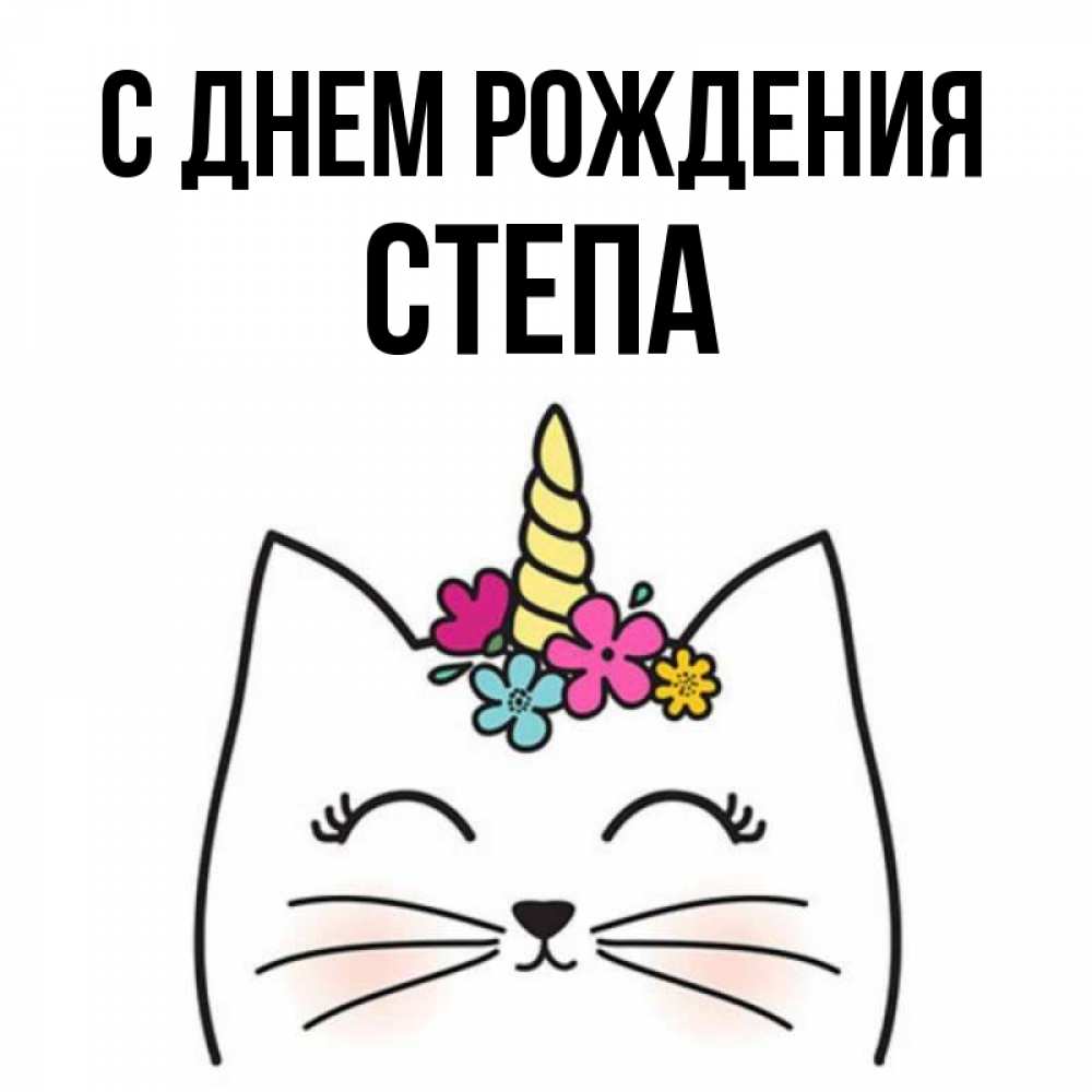 Открытка на каждый день с именем, Степа С днем рождения милый кот с одним рожком Прикольная открытка с пожеланием онлайн скачать бесплатно 
