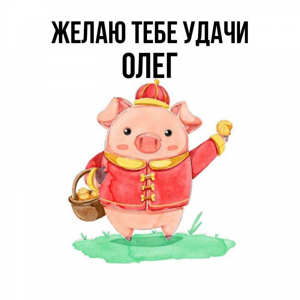 Открытка на каждый день с именем, Олег Желаю тебе удачи поросенок Прикольная открытка с пожеланием онлайн скачать бесплатно 