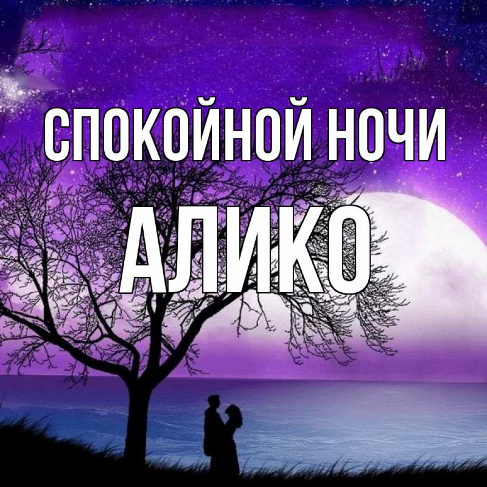Открытка на каждый день с именем, Алико Спокойной ночи огромная луна и парочка Прикольная открытка с пожеланием онлайн скачать бесплатно 