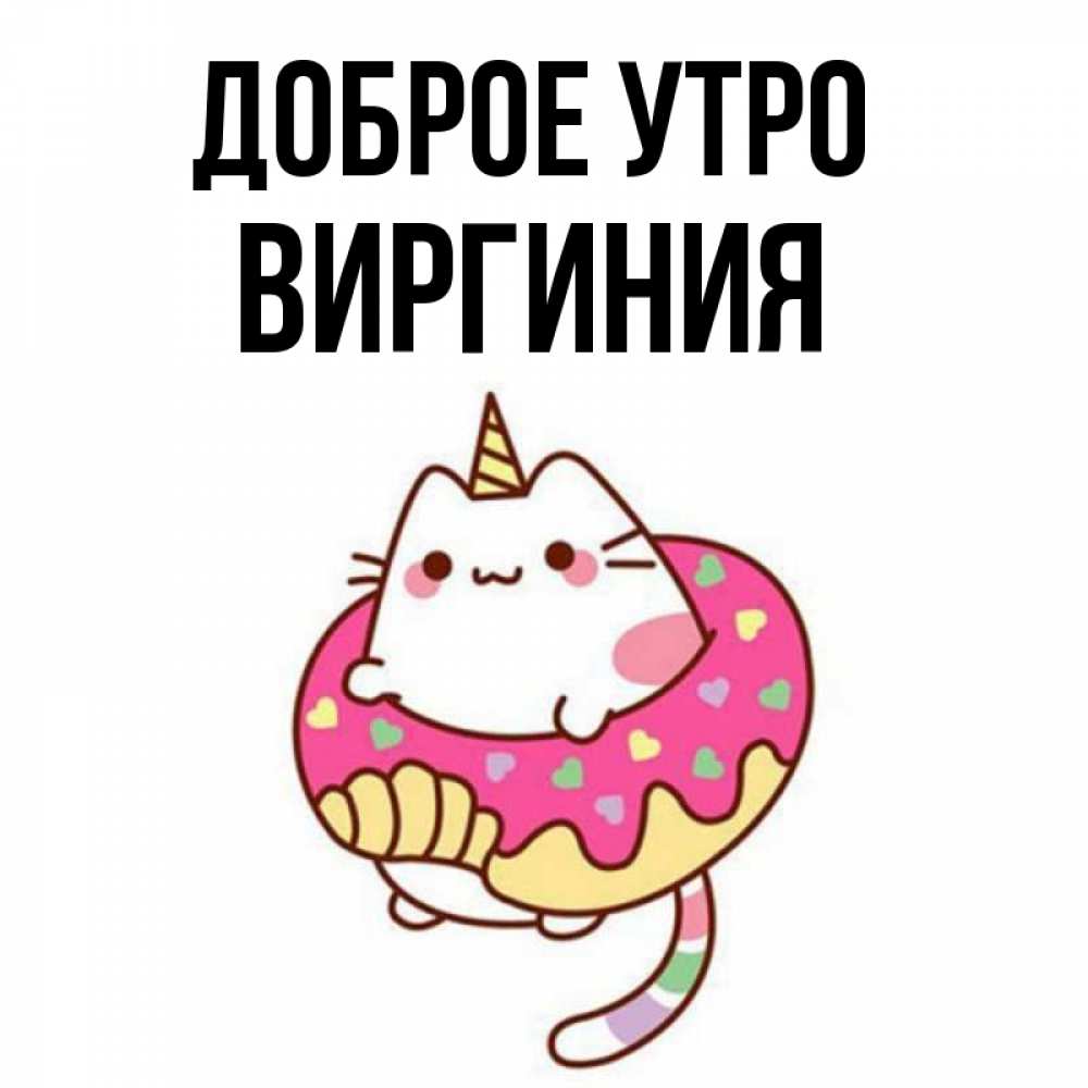 Открытка на каждый день с именем, Виргиния Доброе утро кот в бублике Прикольная открытка с пожеланием онлайн скачать бесплатно 