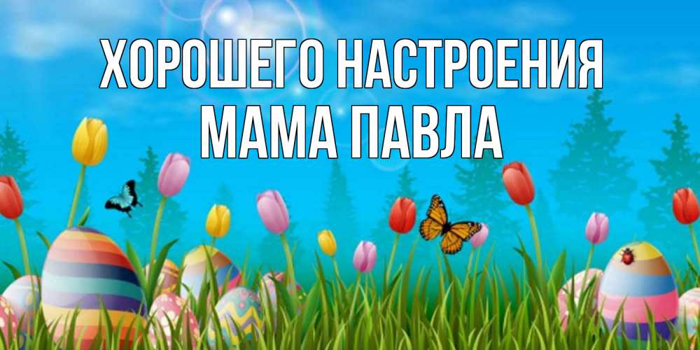 Открытка на каждый день с именем, Мама-Павла Хорошего настроения небо и тюльпаны с бабочкой Прикольная открытка с пожеланием онлайн скачать бесплатно 