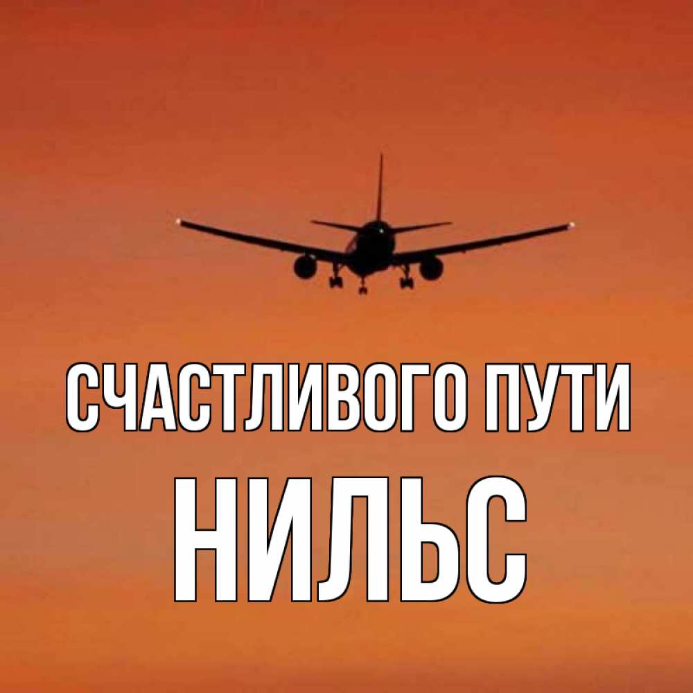 Открытка на каждый день с именем, Нильс Счастливого пути силуэт самолета Прикольная открытка с пожеланием онлайн скачать бесплатно 
