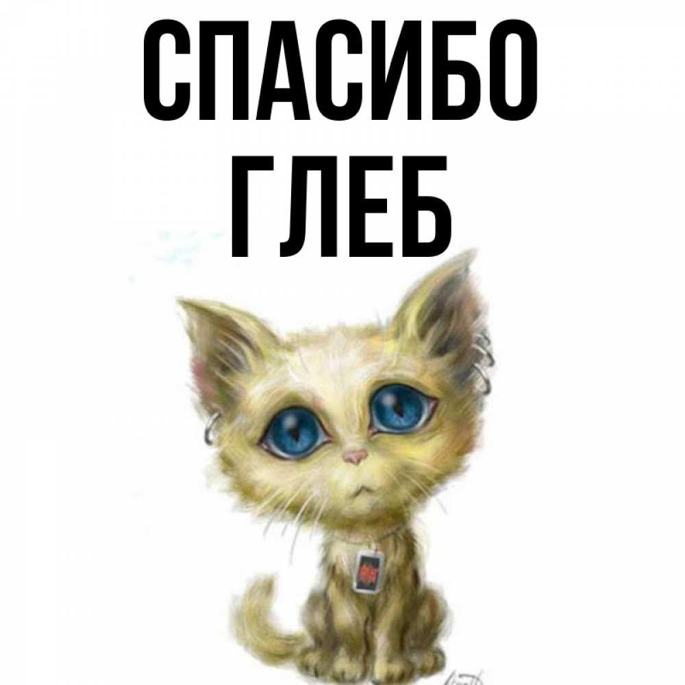 Открытка на каждый день с именем, Глеб Спасибо рисованный кот благодарит вас Прикольная открытка с пожеланием онлайн скачать бесплатно 