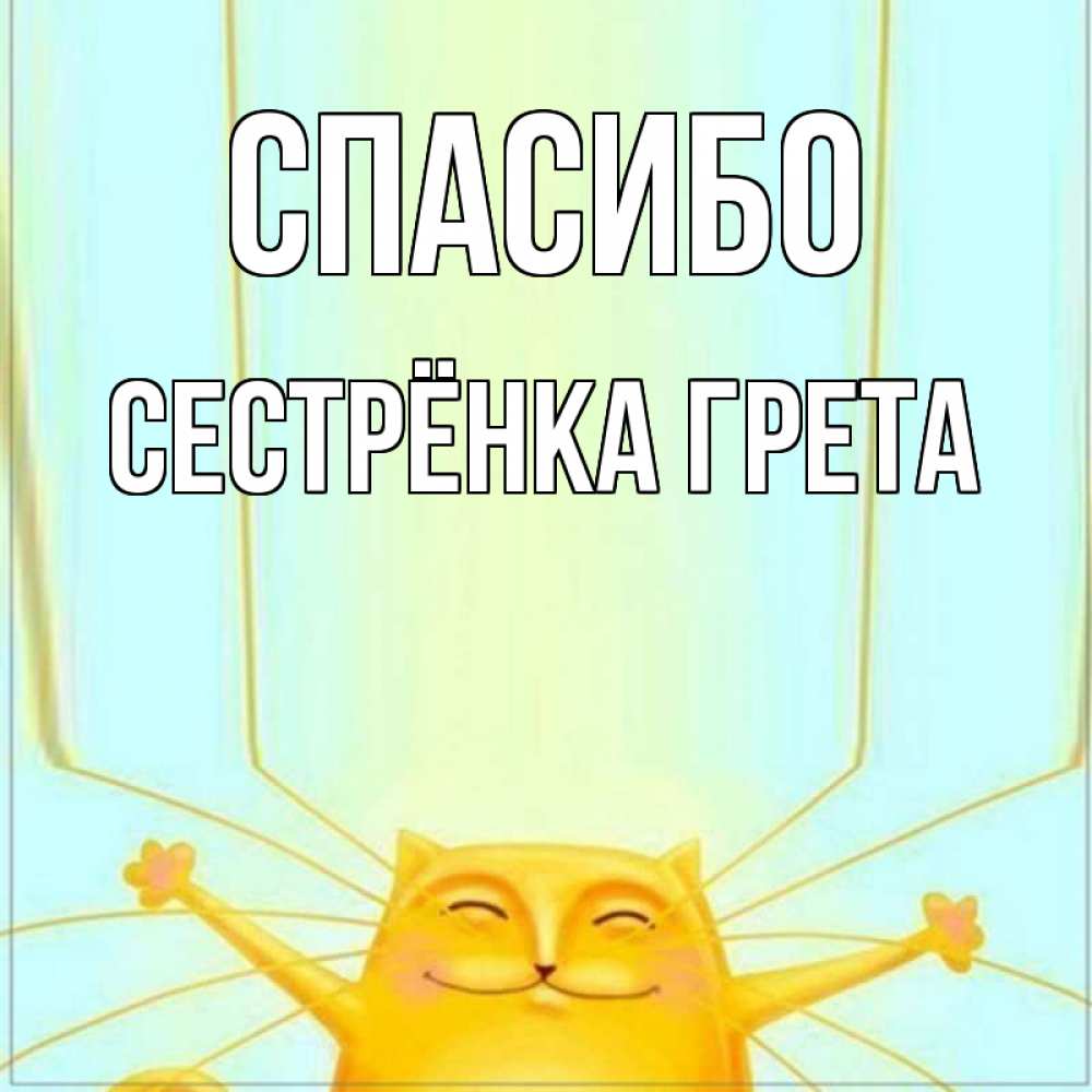 Открытка на каждый день с именем, Сестрёнка-Грета Спасибо кот с усами благодарит Прикольная открытка с пожеланием онлайн скачать бесплатно 