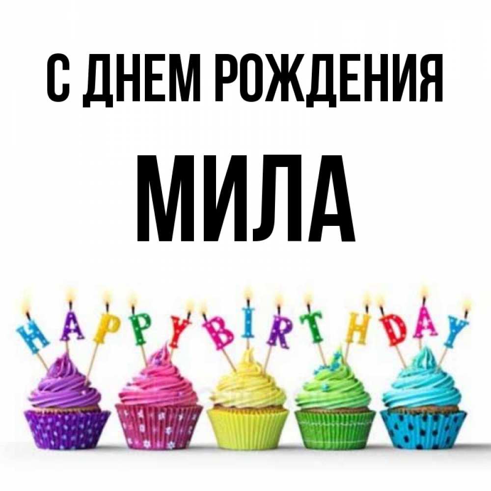 Открытка на каждый день с именем, мила С днем рождения открытка ко дню рождения с разноцветными вкусняшками Прикольная открытка с пожеланием онлайн скачать бесплатно 