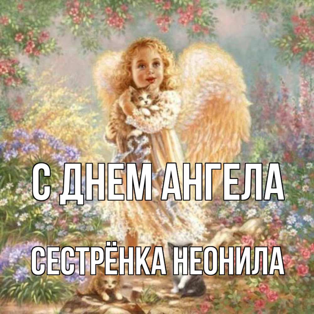 Открытка на каждый день с именем, Сестрёнка-Неонила С днем ангела держит котенка Прикольная открытка с пожеланием онлайн скачать бесплатно 