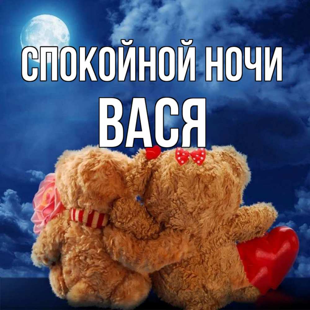Открытка на каждый день с именем, Вася Спокойной ночи плюшевые Прикольная открытка с пожеланием онлайн скачать бесплатно 