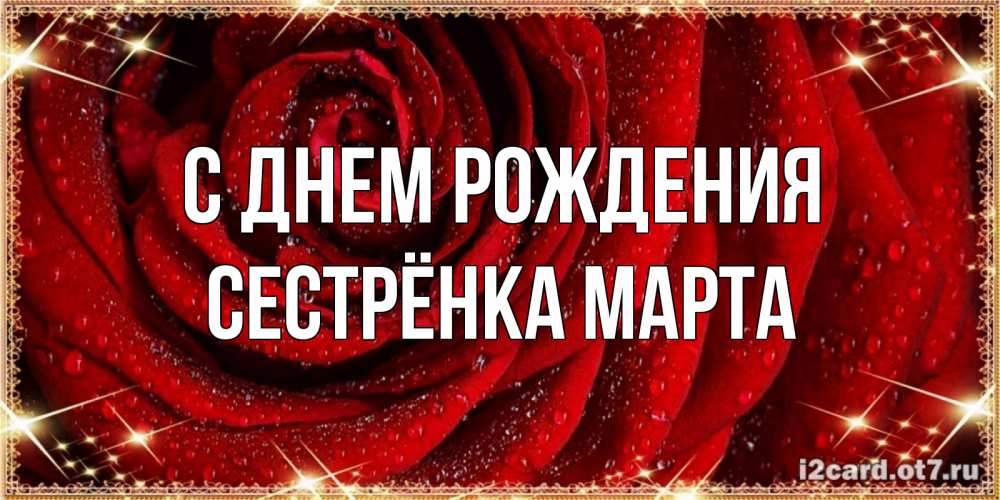 Открытка на каждый день с именем, Сестрёнка-Марта С днем рождения роса на розе блестящая в лучах солнца Прикольная открытка с пожеланием онлайн скачать бесплатно 