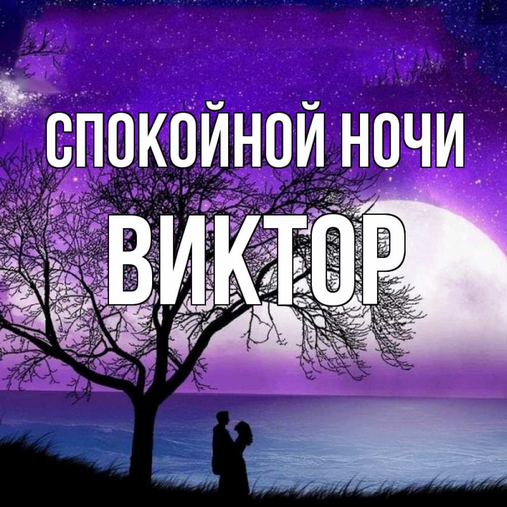 Открытка на каждый день с именем, Виктор Спокойной ночи огромная луна и парочка Прикольная открытка с пожеланием онлайн скачать бесплатно 